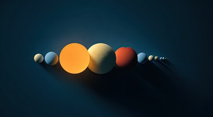 Minimalist solar system representation with colorful spheres and elongated shadows on a dark background