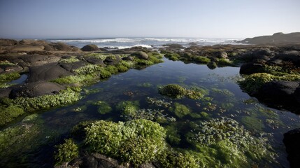 Serene coastal tide pool revealing vibrant marine life and rocky shoreline