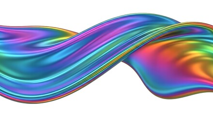 Iridescent rainbow colored ribbon flowing and twisting in a dynamic wave shape, isolated on white background
