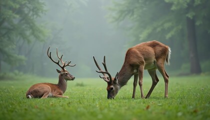 Two deer are on green meadow in foggy forest. One deer grazes on grass. Other deer rests lying on the ground with big horns. Wildlife photo in nature.