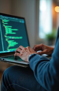 Person types code on laptop computer. Programmer works on software project, writing script on screen. Digital business, online development, freelance job, tech career.