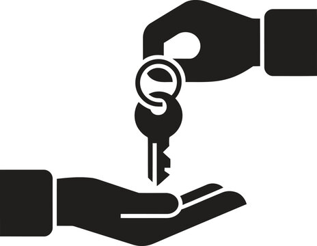 Hand passing a key to another hand in a simple silhouette icon