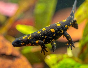 Obraz premium A striking close-up captures a vibrant newt with a black body adorned by striking yellow spots, suspended in clear water. Lush green foliage blurs in the background