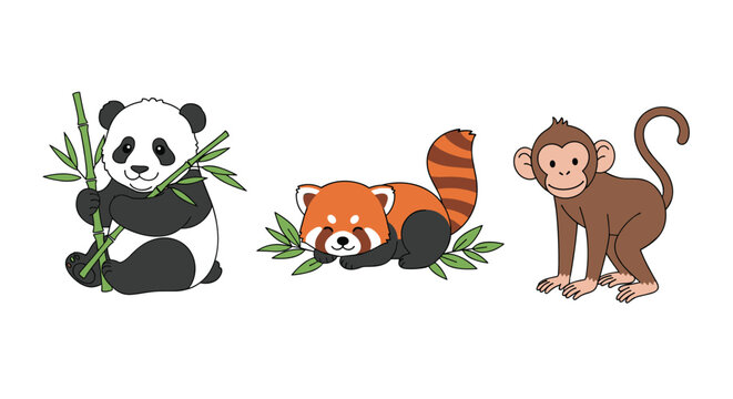 A cute panda a playful red panda and a curious monkey resting peacefully in a natural setting.