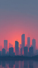 Fototapeta premium A futuristic city skyline glows at sunset in hyperrealistic detail. Minimal and sleek architecture conveys innovation, modernity, and technological progress, blending warm light with clean urban desig