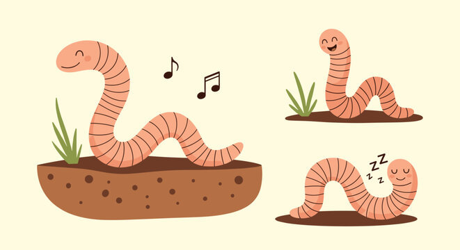 An earthworm enjoys its day in the soil singing and sleeping happily.