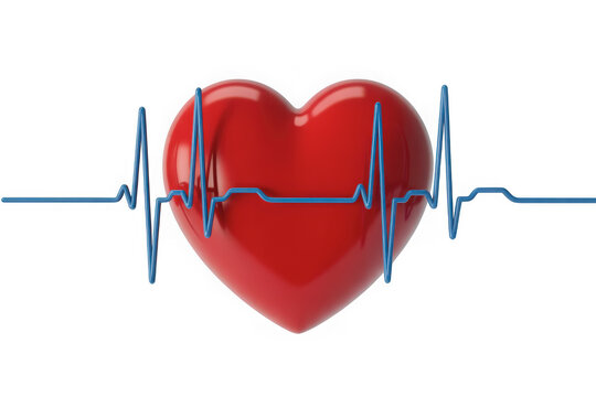 Glossy red heart with a blue electrocardiogram line passing through it isolated on transparent background