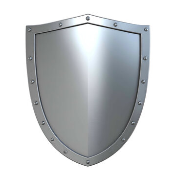 Shiny, polished, riveted metal shield with a slight concave shape. Black background