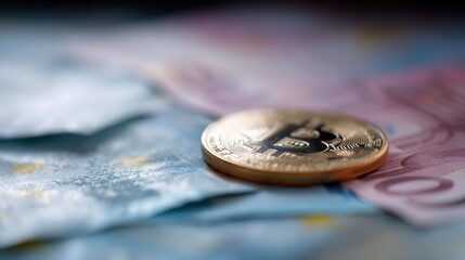 Macro shot of a Bitcoin token over colorful Euro banknotes, modern digital wealth concept.