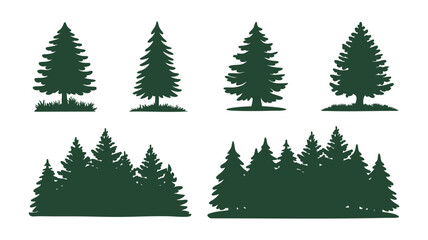 Obraz premium Collection of dark green evergreen tree silhouettes on white background