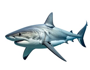 Naklejka premium A striking close-up of a great white shark isolated against a white background. The shark's teeth and fins are clearly visible