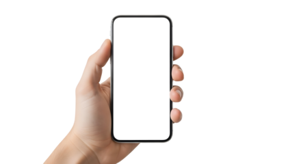 Smartphone Hand Showcase: A hand delicately grasps a sleek smartphone, showcasing the device's minimalist design and screen, ready for content.