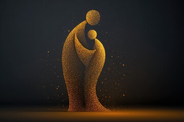Abstract depiction of two figures embracing, glowing gold against a dark background