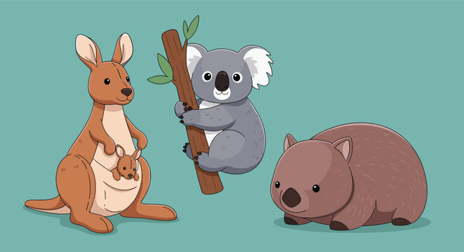 Adorable cartoon marsupials including a kangaroo a koala and a wombat together.