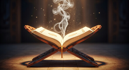 Open book on a wooden stand with smoke and sparkles floating above it in a dimly lit setting