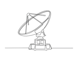 Parabolic antena disc  in single outline illustration. Continuous line art drawing of Satellite disc. Editable stroke.