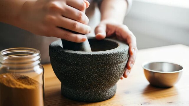 Hands grinding spices in mortar and pestle for cooking ingredient preparation