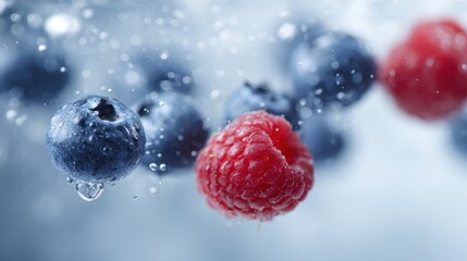 Blueberries and raspberries floating together with droplets, fresh berry photography.