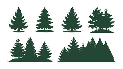 Obraz premium Collection of dark green pine tree silhouettes on a white background