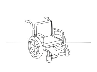 Wheelchair in single outline illustration. Continuous line art drawing of wheelchair - disability equipment. Editable stroke.