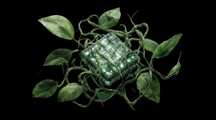 A futuristic microchip intertwined with organic vines symbolizing the fusion of technology and nature representing sustainable innovation bio technology and harmony between digital progress and life