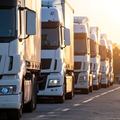 Fleet of large transport vehicles parked in a row at sunrise