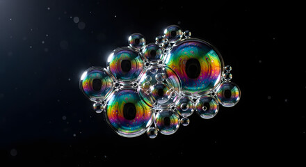 Colorful rainbow patterns shimmer on a cluster of soap bubbles.