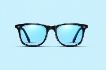 Fototapeta premium Black framed sunglasses with bright blue lenses on a soft blue background.