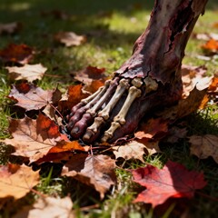Fototapeta premium Decaying Zombie Foot Stepping on Autumn Leaves