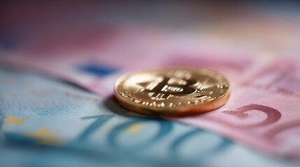 Macro shot of a Bitcoin token over colorful Euro banknotes, modern digital wealth concept.