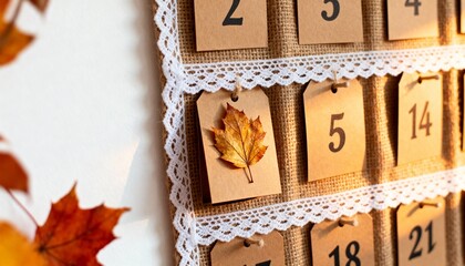 Rustic Autumn Advent Calendar with Maple Leaf and Burlap