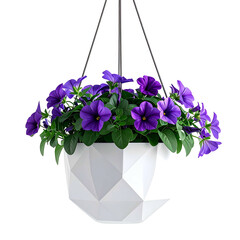 A hanging planter of deep purple petunias blooms in a geometric white pot with green leaves