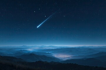 Dramatic nighttime scene features a shooting star over a layered landscape with soft light