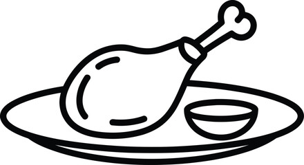 Hand drawn illustration of a roasted chicken leg on a plate with sauce