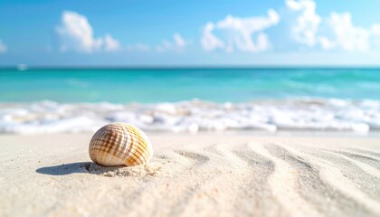 Obraz premium A close-up of a shell on sandy beach, with gentle waves and a clear blue sky in the background, capturing a serene coastal atmosphere.