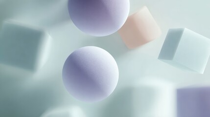 Geometric pastel shapes like spheres and cubes displayed artistically on a smooth backdrop.