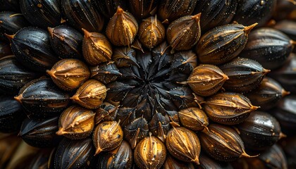 A close-up view of seeds arranged in a circular pattern, showcasing intricate textures and colors, creating a visually captivating design.