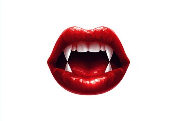 Naklejka premium Sensual red lips reveal sharp fangs against a white background.