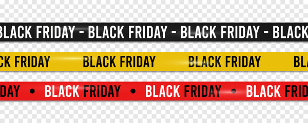 Black friday sale ribbons or tapes set. Realistic shopping ribbons in black, red and yellow colors with text - black friday. Discount stripes for online store decoration and sale web banner. Vector.