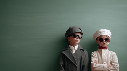 Children dressed as a pilot and a doctor, standing in front of a classroom green chalkboard. Education, imagination, and career inspiration theme