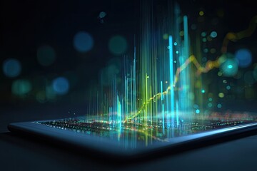 Abstract visualization of data with vertical bars and a rising line emanating from a tablet