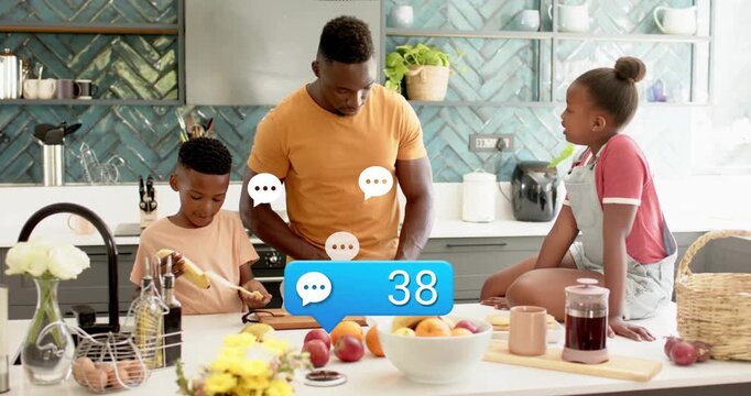 Family prepping fruit chat count rising as daughter speaking prompts father replying food demo