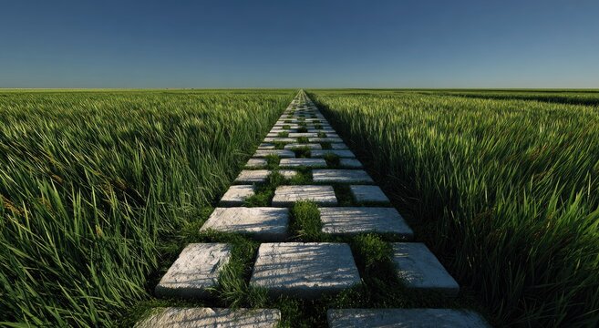 Stone path winding through a vast green field under a clear blue sky, vanishing into the distance