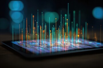 Tablet displaying glowing lines representing data visualization against a blurry background