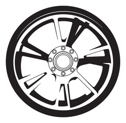 Obraz premium Black and white illustration of a modern car wheel on a plain white background
