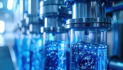 A series of industrial tubes filled with blue liquid, showcasing bubbles, set against a high-tech, illuminated background.