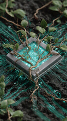 A futuristic microchip intertwined with organic vines symbolizing the fusion of technology and nature representing sustainable innovation bio technology and harmony between digital progress and life