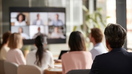 A mixed group of coworkers participating in a hybrid meeting some at the office, others joining from home.