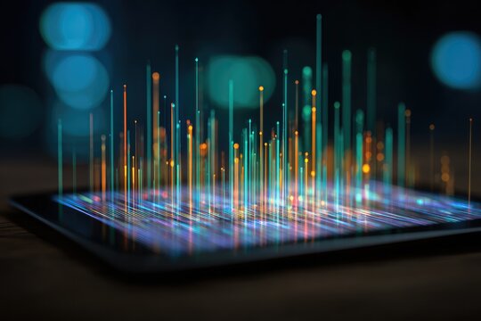 Tablet displaying glowing lines representing data visualization against a blurry background