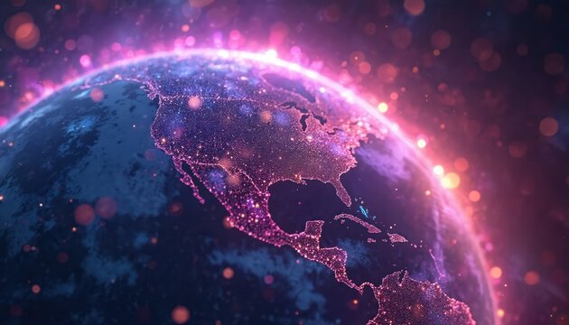 Digital illustration of Earth from space with glowing network connections, vibrant purple light effects. Global map illuminated with dots, lines on dark blue planet. Futuristic tech concept